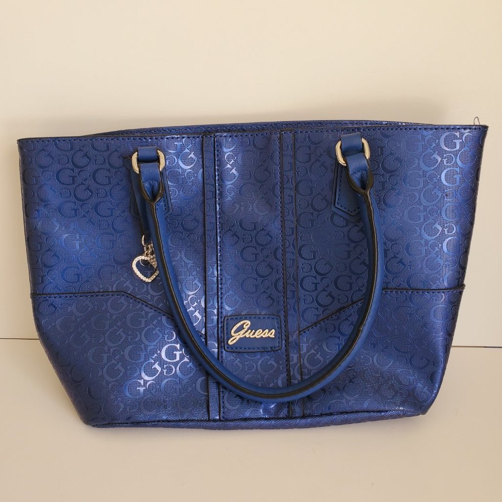 Authentic Classic Y2K GUESS Monogram Tote Cobalt Blue Glossy Silver Accents - Picture 5 of 8